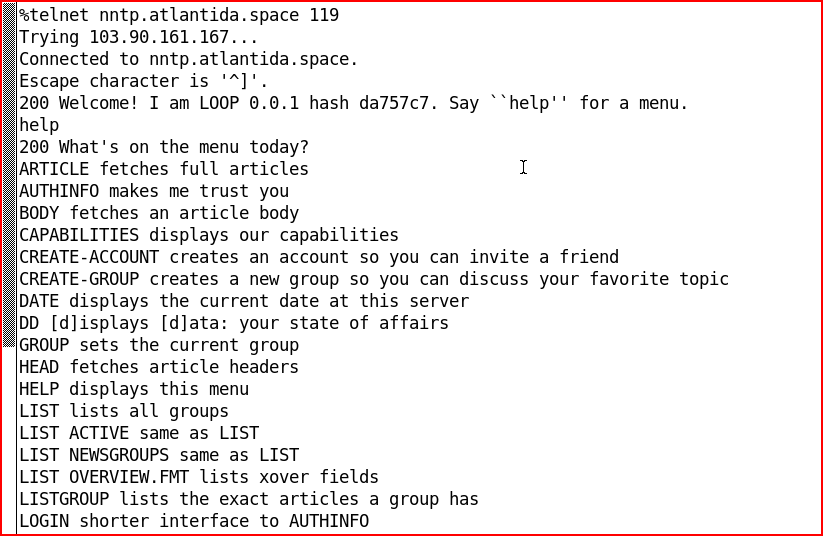 Terminal session interacting with
                                    LOOP via telnet